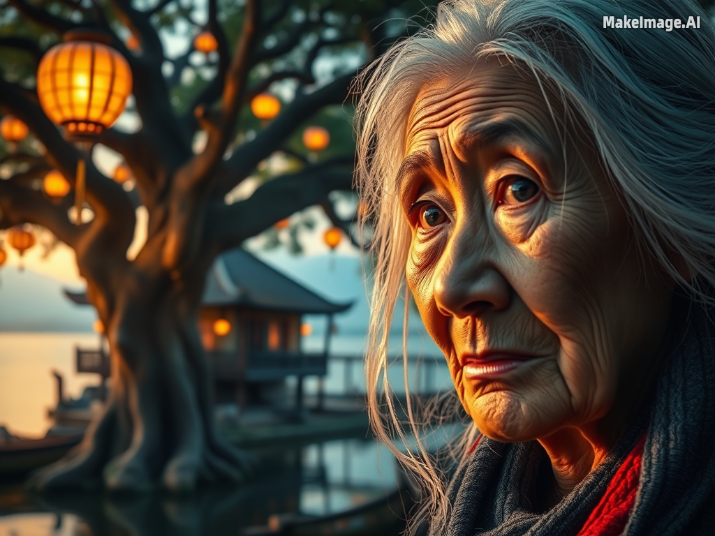 913-echoes-of-time--the-old-tree--river-lights--and-white-hair